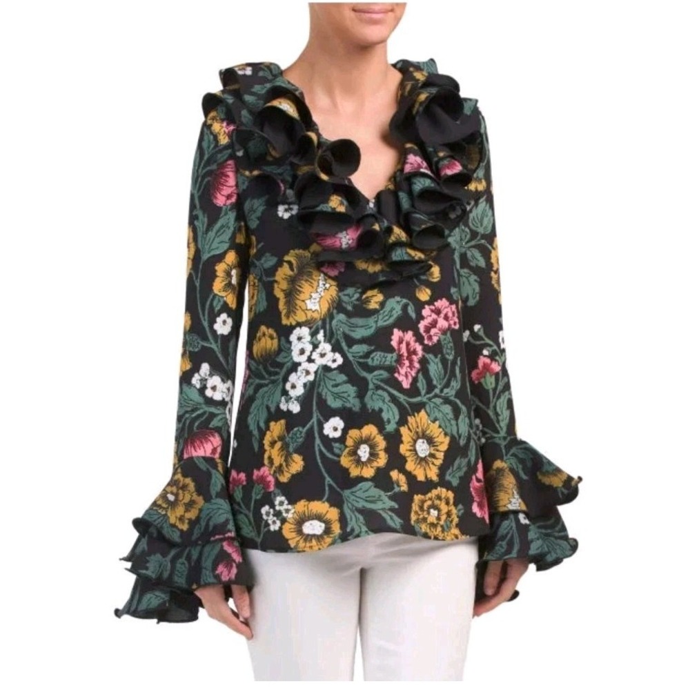 C/Meo Collective Women's Floral Immerse  Ruffle‎ Top Small Boho